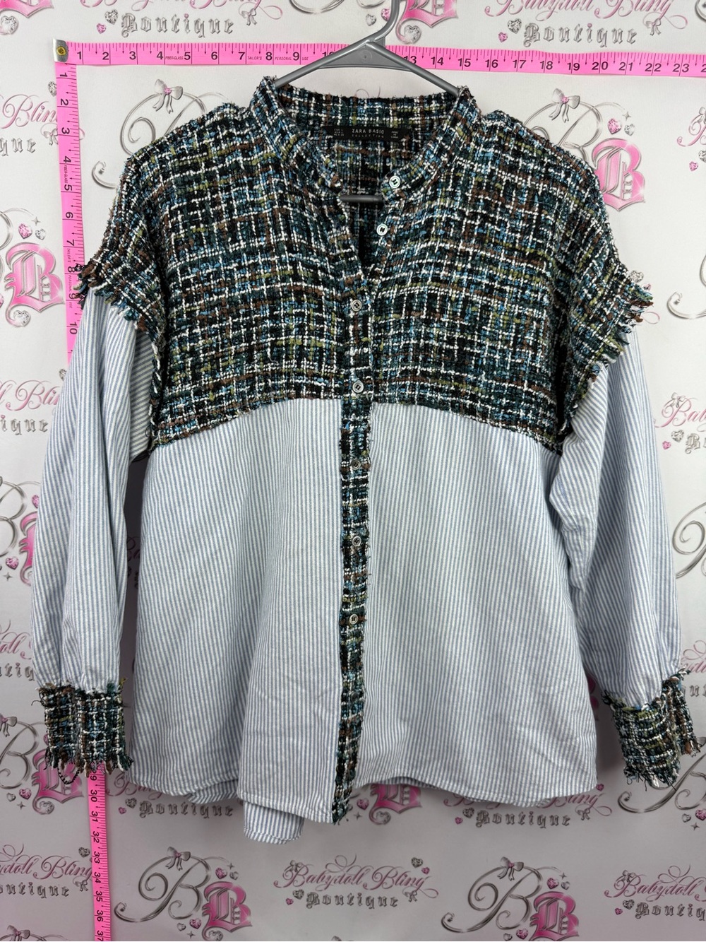 Zara shirt button up patchwork Mixed Tweed & Blue Stripe Button-Up Top